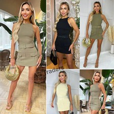 Women's Belted Sleeveless Dress with Cargo Pockets - Combat Skort Playsuit 8-16