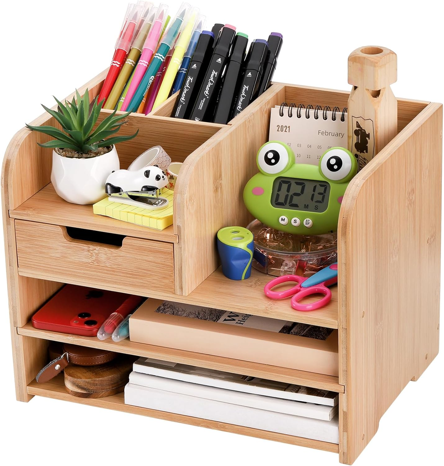 Bamboo Desktop Organizer with Drawer, 3 Tier Wooden Desk File Document Organizer-image
