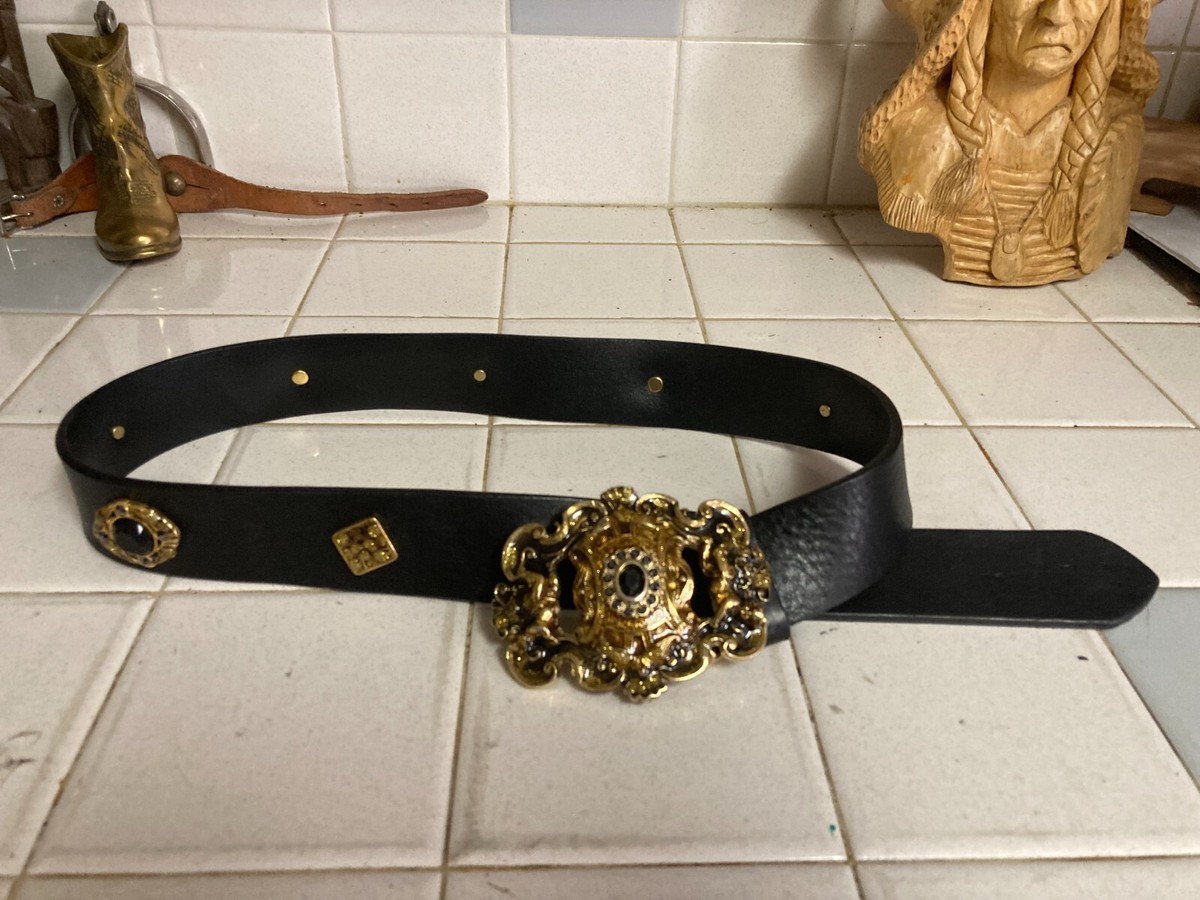 Vtg Doncaster Black Womens Leather Belt W/ Lg Gold Cherub  display picture 2
