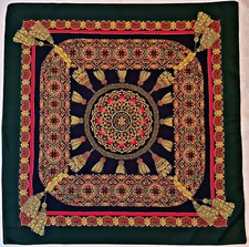 SCARF VINTAGE AUTHENTIC BAROQUE ART TASSELS GREEN BLUE YELLOW 34" SQUARE