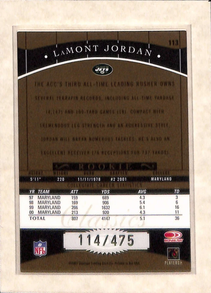 2001 Donruss Classics #113 LaMont Jordan Timeless Tributes RC /475 NM - Image 2 of 2