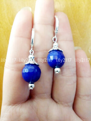 Natural 10mm Faceted Blue Jade Gems Round Beads Leverback Dangle Earrings AA