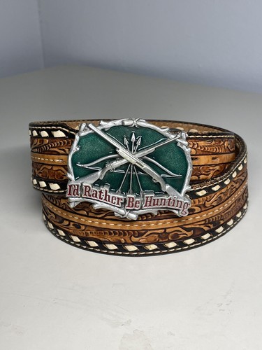VNTG 1994 Laced & Tooled Leather Brown Belt W Ld Rather Be Hunting Buckle USA