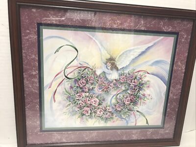 J. Buckley Framed Angel Print Floral Wreath Inspirational Art 18x16 