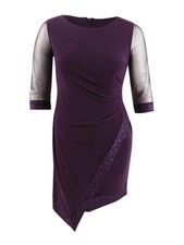 R&M Richards Women's Petite Illusion-Sleeve Asymmetrical Dress (10P, Plum)
