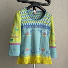 Suéter Tejido Oilily Vintage Dobladillo Crochet Floral Multicolor Vibrante XS