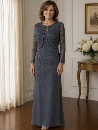 Gray Lace Embellished Dress with Matching Jacket Mother of the Bride Regular
