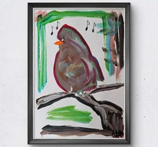 Bird Singing Expressionism Original  9X12 PAPER Acrylic Painting Signed AM Mai
