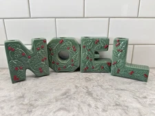 Vintage NOEL Candle Holder Holly Green Berry Letter Christmas Ceramic