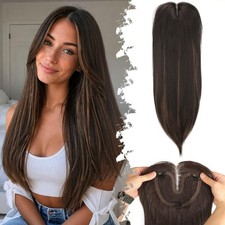 Dark Brown Caramel Highlights Side Bangs Long Layered 24in Women Hair Topper