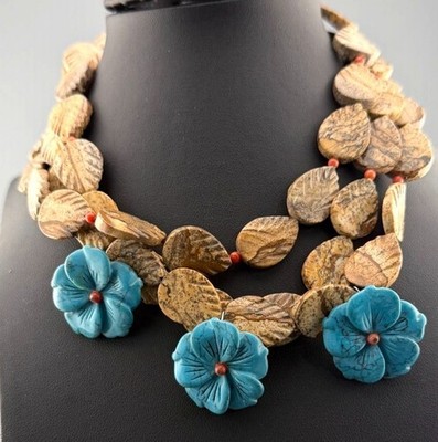Two Blonde Lizards Sterling Signed Triple Strand Agate Blue Flower Necklace