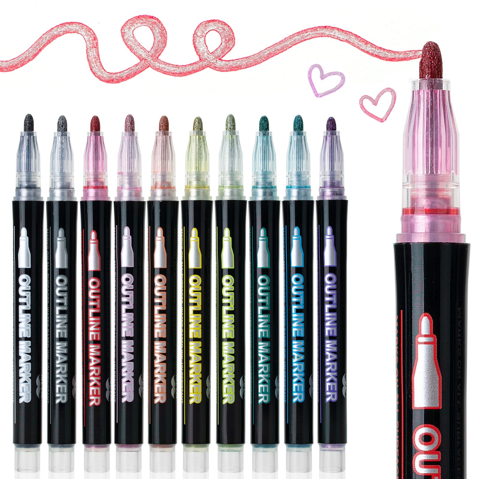 - Double Line Outline Markers, 10 Colors, Self-Outline Metal