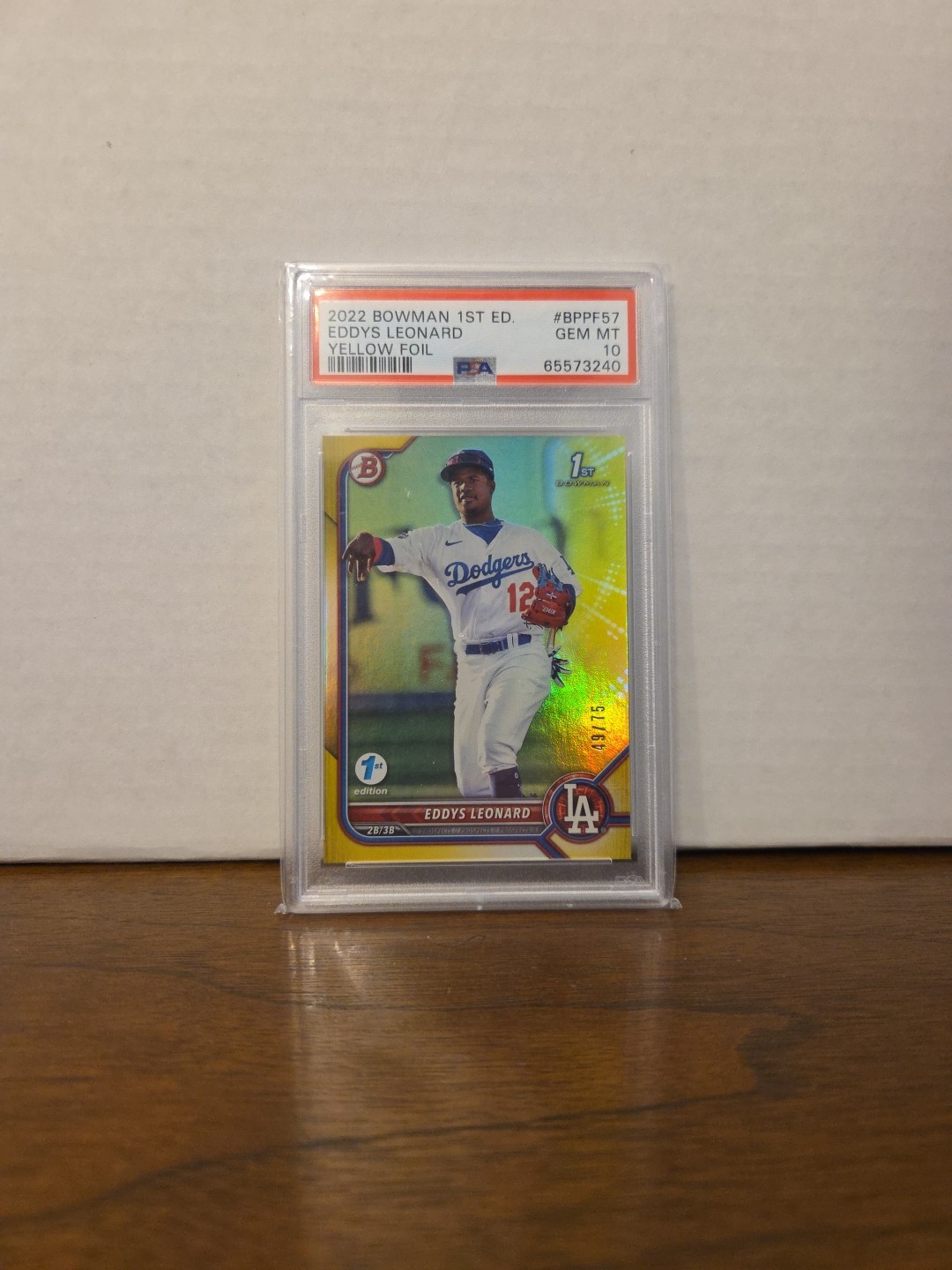 2022 Bowman 1st Edition - Eddys Leonard #BPPF-57 Yellow Foil /75 (RC)