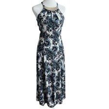 MICHAEL KORS halter dress XS paisley blue VGUC long goldtone necklace stretch