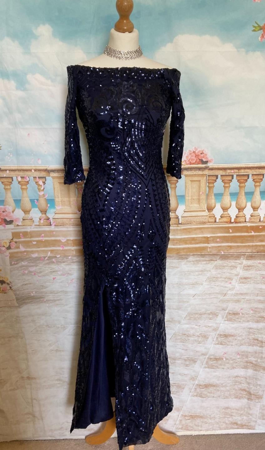 Navy Sequin Evening Dress Size 8 Maxi Bodycon Party Quiz Bardot Gatsby Deco