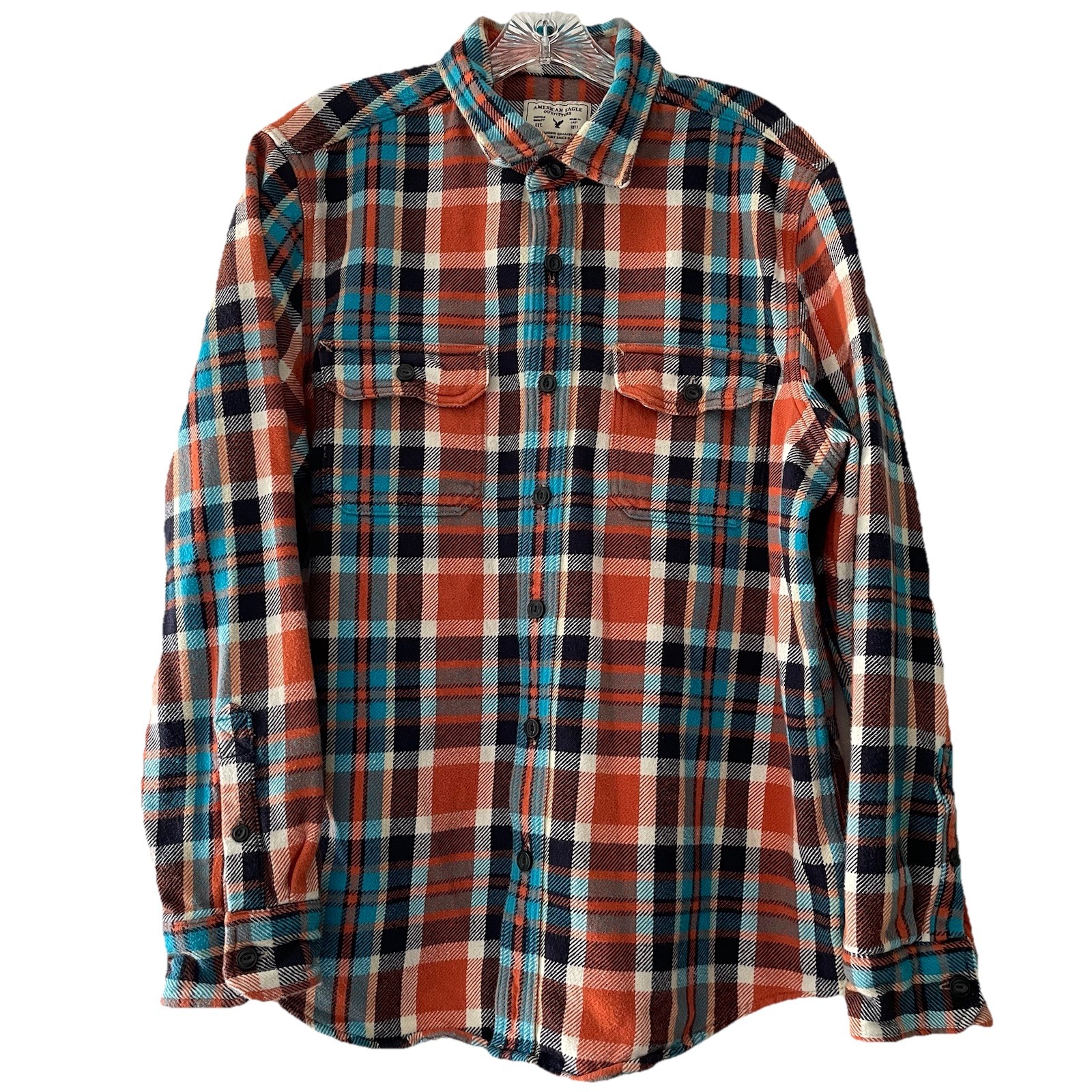 AE American Eagle Men’s Size XL Heavy Blue Orange Plaid Flannel Shacket Shirt