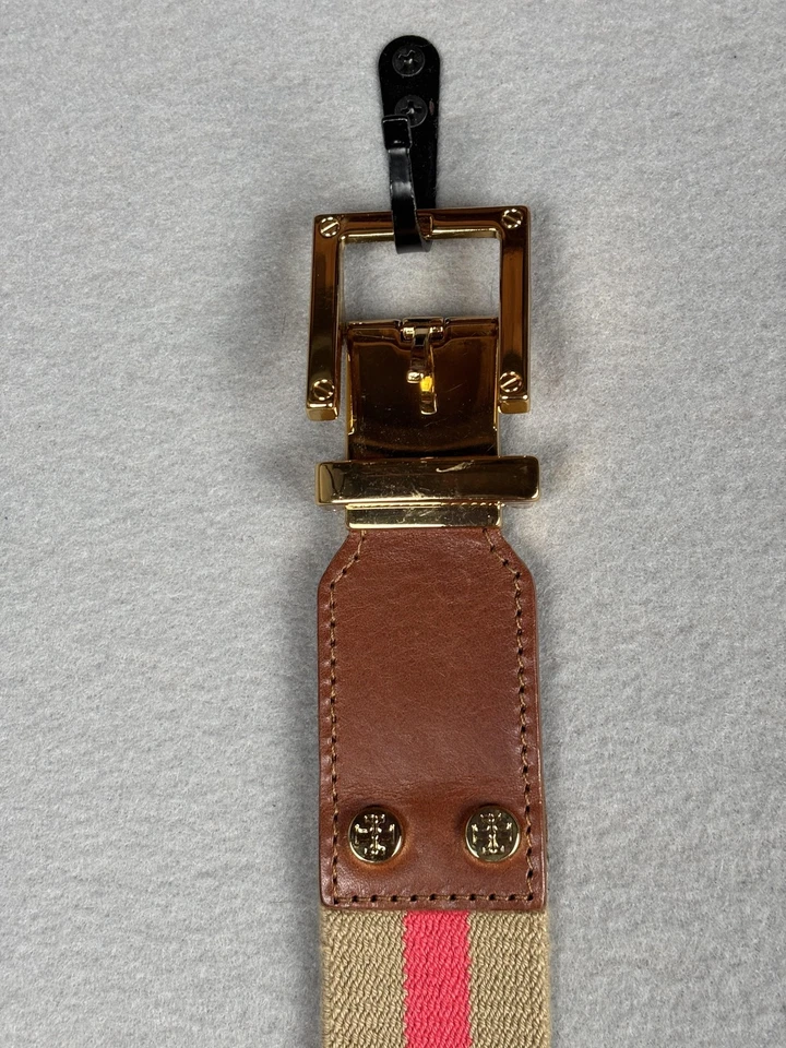 Tory Burch USA Canvas Web Belt Womens Small Tan Pink Stripe Leather Gold-Tone - Image 2 of 4
