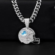 Detroit Lions Gem Helmet Pendant 24" Cuban Link Chain Necklace Gold Silver