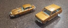 2 Vintage Dinky Toys Jaguar E-Type and Range Rover in bronze w/blue interior