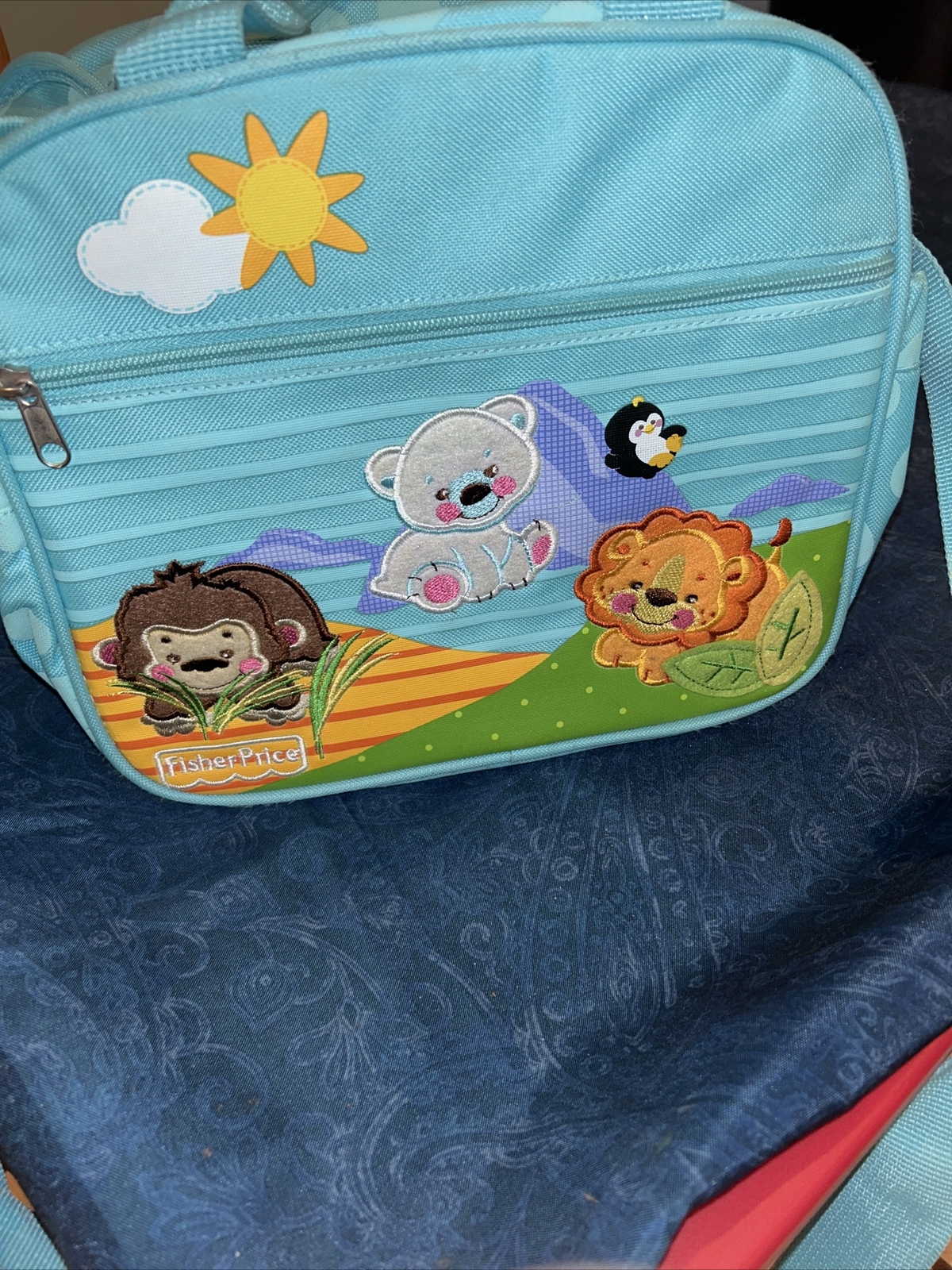 Fisher Price Safari Animal Diaper Bag Teal Blue Polka Dot Crossbody Changing Pad