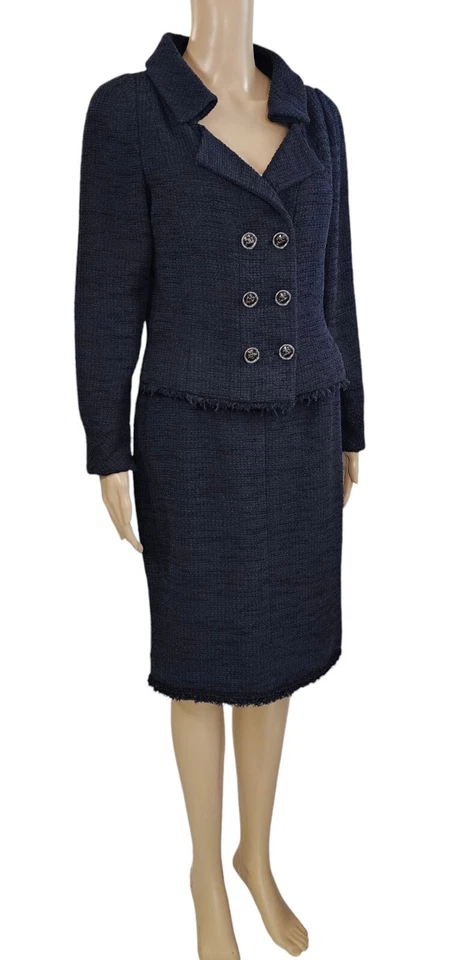 CHANEL Resort 2013 Azul Marino Muescas Chaqueta Bouclé Conjunto Falda 40 M Foto 3 de 4