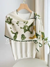 Elegant White & Green Camellia 100% Silk Scarf-Soft & Lightweight-55x14"Oblong