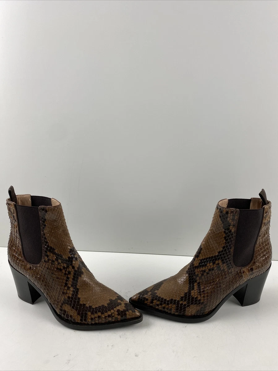 Gianvito Rossi Brown Snake Print Leather Pointed Toe Pull On Block Heel Boots 38
