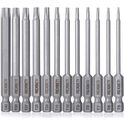 REXBETI 12 Piece Torx Head Screwdriver Bit Set, 1/4 Inch Hex Shank S2 Steel Magn
