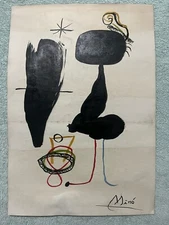 JOAN MIRO drawing and painting on old paper signed stamped vintage