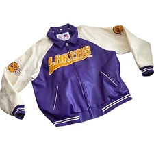 VTG NBA Mighty Mac Los Angeles Lakers Pleather Varsity Jacket Purple White Sz XL