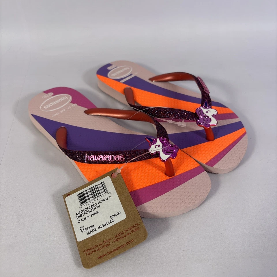 Havaianas Slim Glitter Unicorn Kids Size 2Y Pink Candy Slip On Flip Flops-NEW - Image 2 of 4