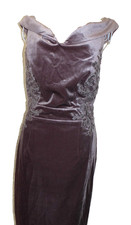 Little Mistress pale plum bardot neck velour stretch embroidered dress 10
