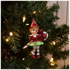 The Christmas Shoppe Elf with Candy Cane Christmas Ornament 4.45"