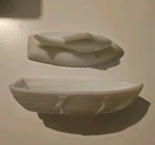 Atterbury Milk Glass Fish on Boat Skiff Figurine Lid Covered Dish 1880s antique