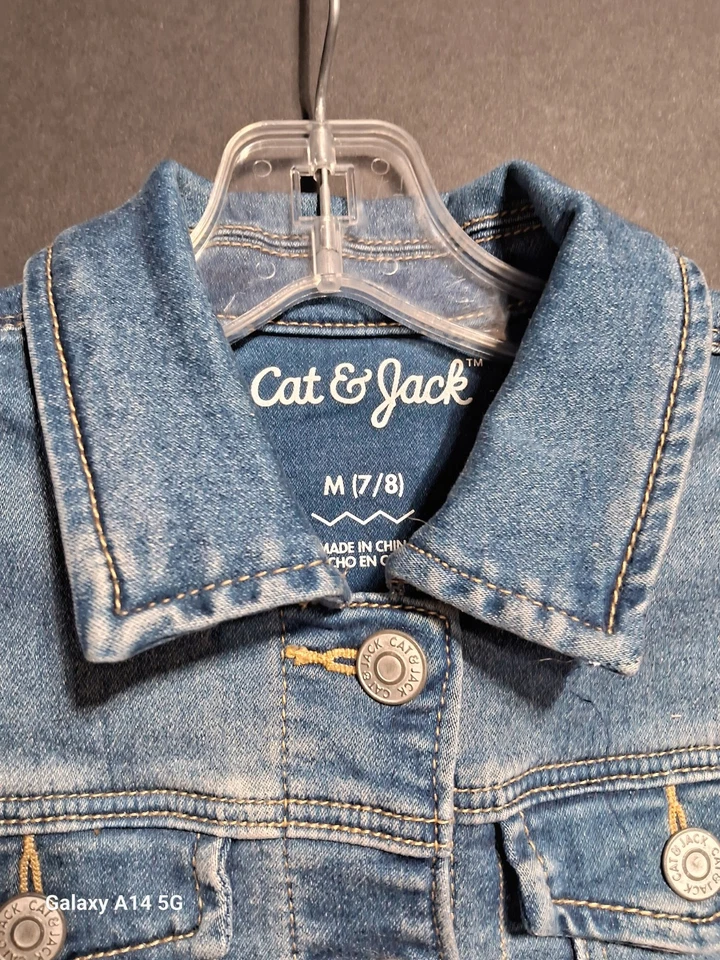 Cat & Jack Denim Jacket Girls Kids Medium (8) Blue Long Sleeve Crochet Decorated - Image 4 of 4