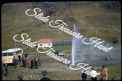 Iceland Geysir Geyser Bus 35mm Slide 1950s Red Border Kodachrome