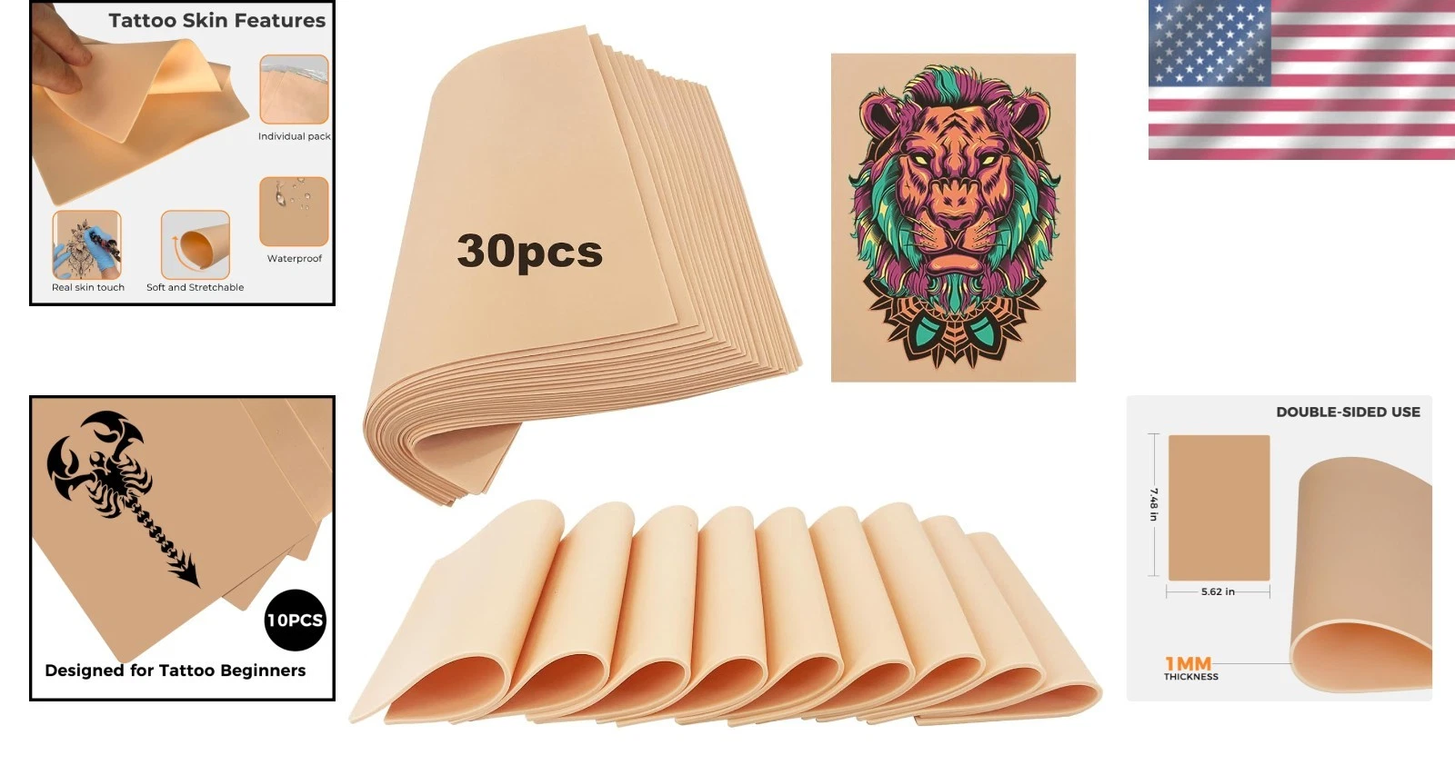 30 Pack Fake Skin for Tattoo Practice, 8"x6" ReelSkin Sheets, Realistic Reusable - product detail image 2