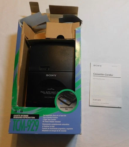 SONY TCM-929 PORTABLE CASSETTE RECORDER VTG TAPE PLAYER W BOX & POWER CORD WORKS