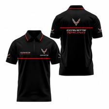 Custom Name Men's Corvette C8 Racing Black Red Logo 3D Zip Polo Shirt Size S-5XL