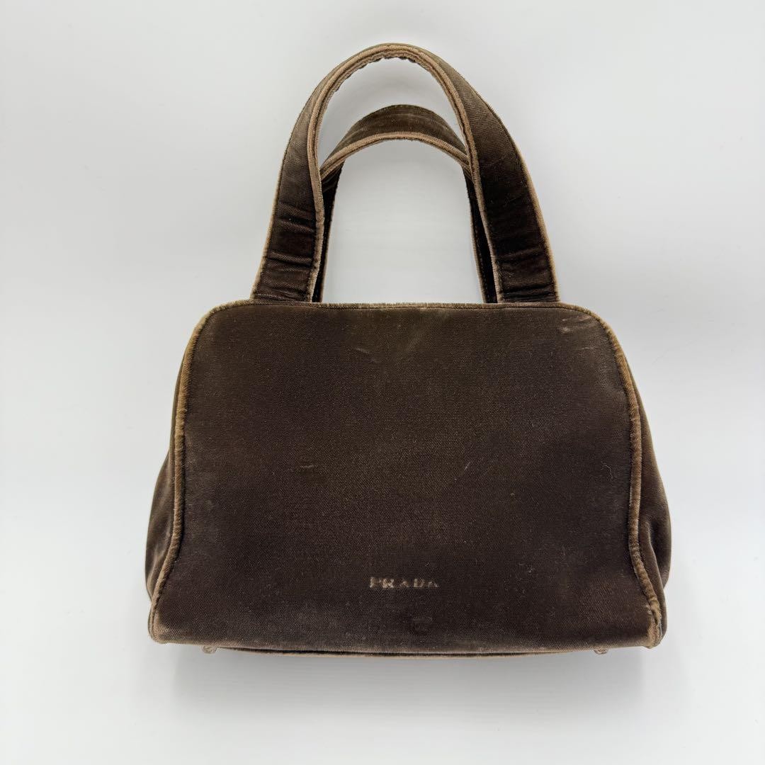 Prada Velvet Handbag Vintage Brown Silver Fittings Authentic