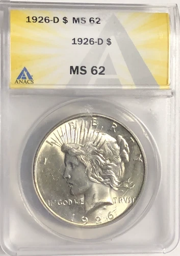 1926 D PEACE "ANACS MS62" - WHITE, STRONG HIGH POINTS / HAIR, EAGLE, PEACE💥✅