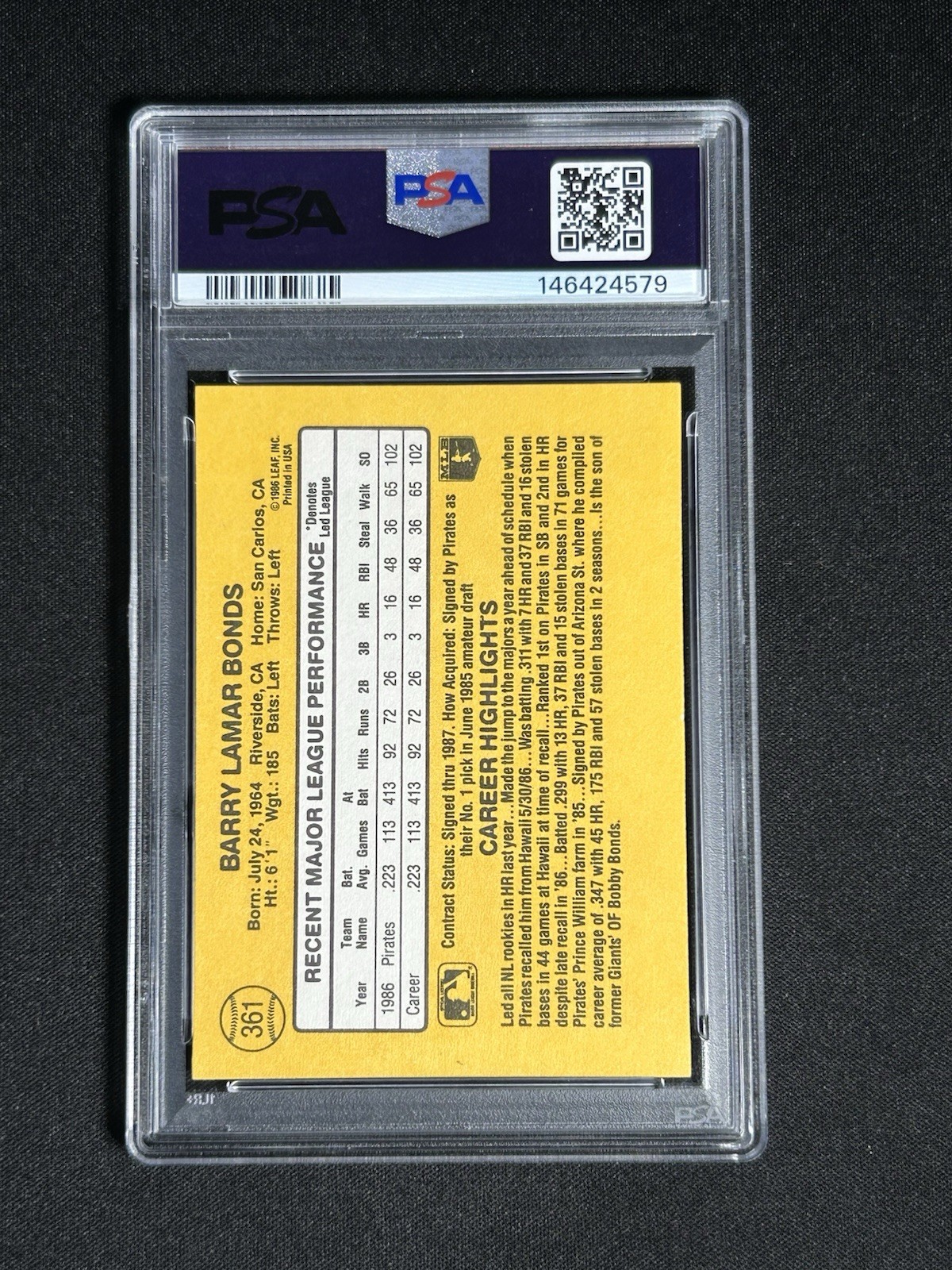 1987 Donruss Barry Bonds Rookie RC #361 PSA 9 view 2