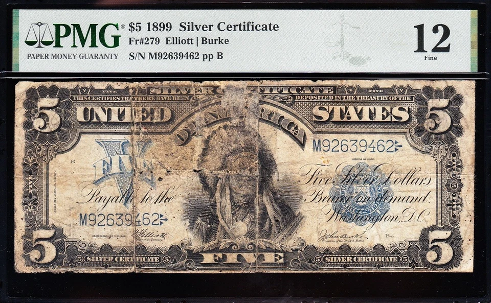 Fine graded 1899 $5 "INDIAN CHIEF" Silver Certificate PMG 12! FREE SHIP! 39462 - Image 2 of 3