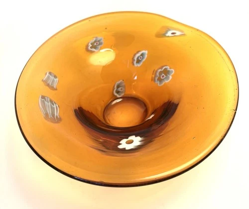 Vintage Murano Amber Glass Millefiori Vortex Bowl 7 1/2 Diam