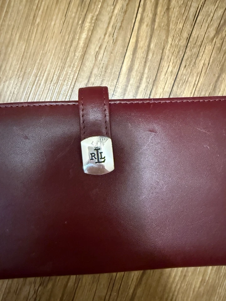 Cartera de cuero Ralph Lauren borgoña cierre plegable plateada negra delgada vintage Foto 2 de 4