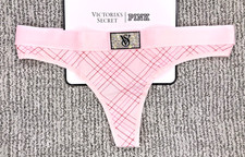 Victoria's Secret NWT XL Pink Plaid Shine Patch Thong Panty Logo Rhinestone