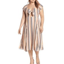 Leith Striped Tie Front Midi Dress 1X Off Shoulder