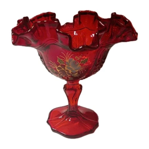 Fenton Ruby Red Glass Ruffled Compote Candy Dish Hand Painted Floral Design