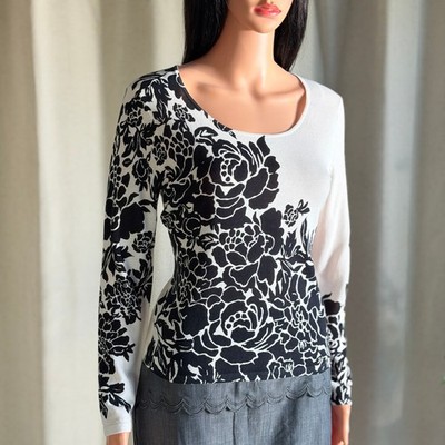 NWT Talbots Petites Floral Knit Sweater Ivory Black Scoop Neck Pullover PS Retro
