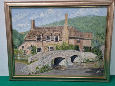 Gerahmtes 1991 Packhorse Bridge Allerton Somerset Öl auf Karton Gemälde von Warren
